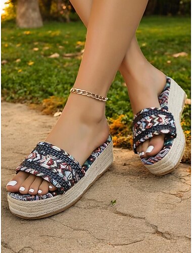  sandale cu platformă țesute boeme pentru femei – papuci tip espadrile cu pană cu imprimeu etnic pentru vară, plajă și ținute casual