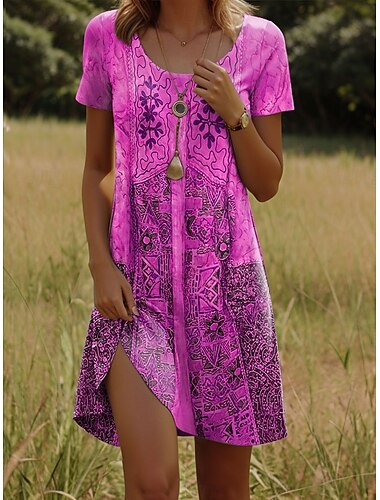  Damen Mini Kleid A Linie Kleid T-Shirt Kleid Tee Kleid Lässig Täglich Reguläre Passform Grafik Paisley Kurzarm Rundhals Pink Orange Grün Sommer Frühling