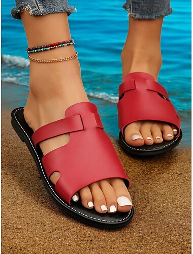 Rote Slipper-Sandalen für Damen – stylische flache Sandalen mit offener Spitze für den Sommerstrand, entspannte Spaziergänge und Urlaubsoutfits