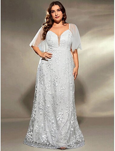  Plus Size Kleid Mutter der Braut Kurvenkleid Elegantes V-Ausschnitt Bodenlänge Polyester Kurzärmel mit Spitze 2025