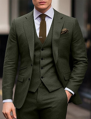 groene heren trouw tweed pakken effen 3-delig retro vintage plus size enkelrijs twee knopen