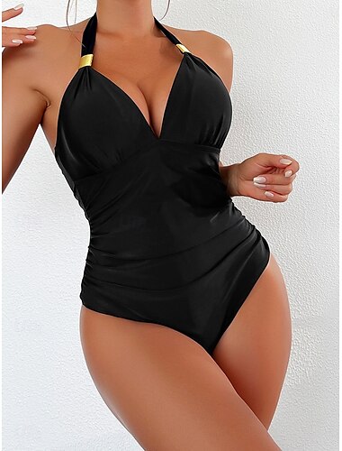  Damen Badeanzüge Einteiler Monokini Badeanzug Rückenfrei Bauchkontrolle Hohe Taille Schlank Urlaub Strandmode Einfarbig Leopardenhalterneck Ärmellos Badeanzüge