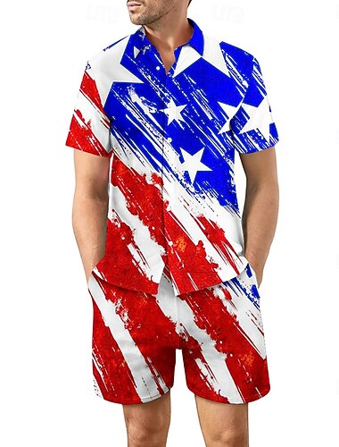  Giorno dell'Indipendenza Americana Per uomo Bandiera Americana 2 pezzi Set di camicie Set Camicia Manica Corta Pantaloni corti Collo ripiegato Casual All'aperto Casuale Quotidiano Stampa 3D Estate