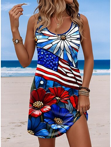  Damen Patriotisch Veteran Mini Kleid A-Linie Kleid Sommer Kleid Off-Shoulder Kleid Urlaub Lässig Täglicher Lockere Passform Grafik Flagge Ärmellos U-Hals Blau Sommer