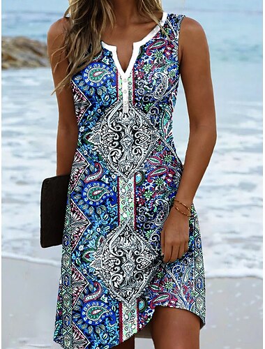 Damen Mini Kleid Freizeitkleid Sommerkleid Casual Urlaub Alltags Urlaub Regular Fit Floral Grafik Bohemian Ärmellos Einkerbung Blau Sommer Frühling