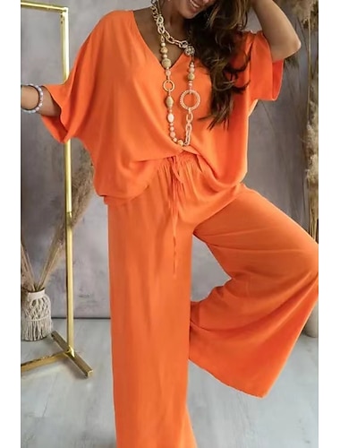  Femme Vêtement de rue du quotidien Chemisier Ensembles de pantalons Demi Manches Col V Couleur unie Cordon Vacances Usage quotidien Noir Blanche Gris foncé Printemps Standard