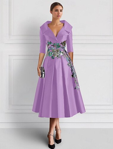  grünes besticktes A-Linien-Cocktailkleid, elegantes, hochgeschlitztes Hemdkragen, knöchellang, Satin, 3/4-Ärmel, 2025