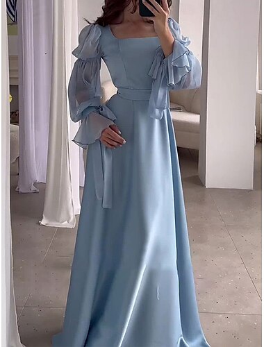  Robe maxi taille plus femme robe évasée robe sans épaules robe à manches bouffantes vacances couleur unie à manches longues col carré bleu clair printemps automne