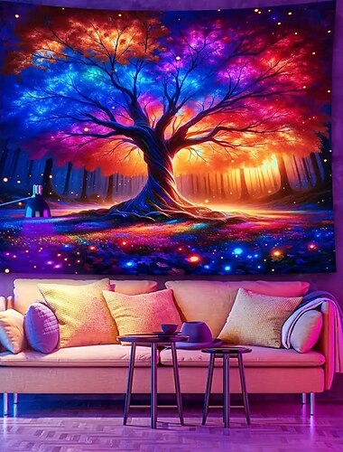  Schwarzlicht Wandteppich Leuchtet im Dunkeln Glow Party UV Reaktiv Baum des Lebens Trippy Nebeliger Natur Landschaft Hängender Wandteppich Wandkunst Wandmalerei für Wohnzimmer Schlafzimmer