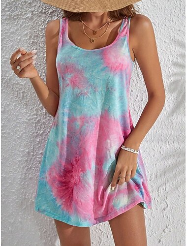  Dames Mini-jurk A lijn jurk Off-the-shoulder jurk Vakantie Casual Dagelijks Ruim Passend Grafisch Tie Dye Mouwloos U-hals Blozend Roze Zomer