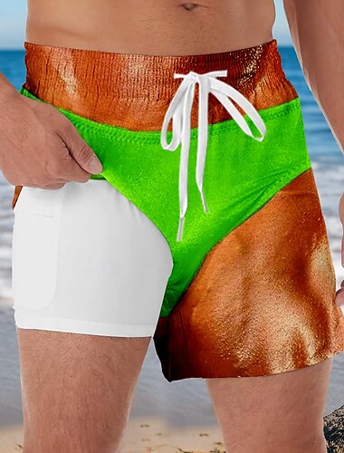  Hombre Bloque de color Gracioso Disfraz Pantalones cortos forrados Bañador 2 en 1 Pantalones de Natación Media cintura Hawaiano Vacaciones Ropa de playa Bolsillos laterales con forro de compresión
