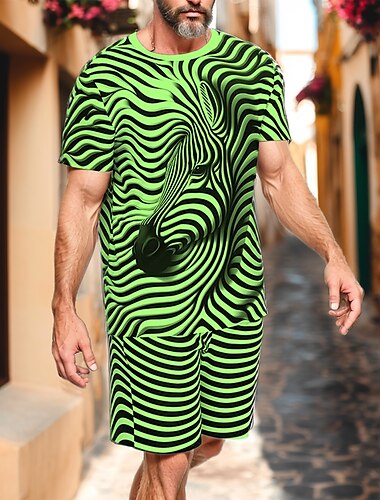  Herren Zebra-Druck 2St T-Shirts-Sets Sommeroberteile Kurzarm Kurze Hosen Rundhalsausschnitt Sport Lässig Outdoor Urlaub Täglich 3D-Druck Sommer Schwarz Blau Purpur