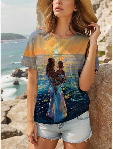  母の日 女性用 Tシャツ オンブル' お母さん グラフィック スタイリッシュ カジュアル 半袖 ラウンドネック レギュラートップス 日常 週末 プリント ブルー 夏 春