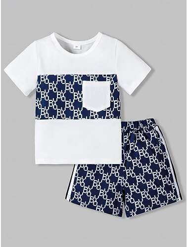  2 Stück Kleinkind Jungen T-Shirt & Shorts Outfit Grafik Geometrisch Kurzarm Patchwork Set Schule Mode Täglich Sommer 4-7 Jahre Weiß