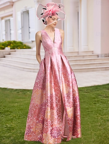  Vestido de Noche estilo A con Alto Corte Vestido de Boda de Playa Formal Invitada de Boda Longitud de Piso Sin Mangas Cuello en V Bolsillo Satén con Estampado Floral Slit Bolsillo Vestido Derby