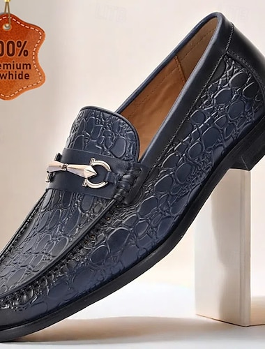  Mocassins homme en cuir bleu marine gaufré crocodile avec mors en métal - tenue décontractée sophistiquée