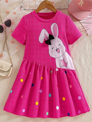  Děti Dívčí Šaty Králíček Krátký rukáv Venkovní Ležérní Módní Rozkošný Polyester Délka ke kolenům Volnočasové šaty Áčkové šaty Léto 4 roky + Sytě červená