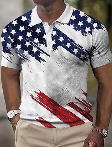  Amerikanischer Unabhängigkeitstag Herren Amerikanische US-Flagge Waffel-Poloshirts Kurzarm Polo-Shirts Hemden mit Kragen Lässig Alltagskleidung Festival-Outfit Knöpfe 3D-Druck Sommer Weiß Blau