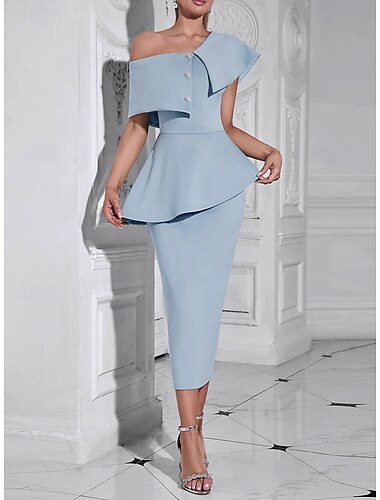  Meerjungfrau  Trompete Cocktailkleider Elegantes Kleid Formelle Geburtstag Tee-Länge Ärmellos Ein Schulter Stretch-Crepe Leiter Rücken mit Strassknöpfen Schlitz Derbykleider