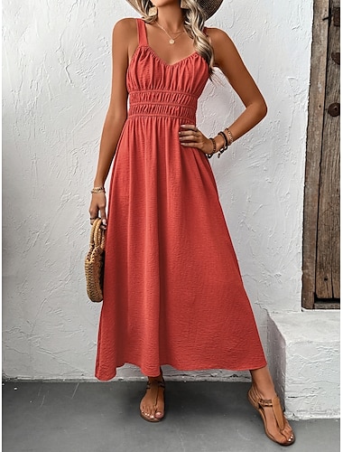  Robe maxi femme robe en A couleur unie robe de lingerie robe décolletée décontractée vacances quotidienne ajustement régulier graphique sans manches bretelles spaghetti orange été