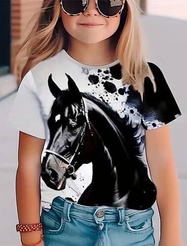  Mädchen 3D Pferd T-Shirt Kurzarm Sommer Frühling Mode Basic Kinder 4-12 Jahre Rundhalsausschnitt Outdoor Lässig Täglich Normale Passform