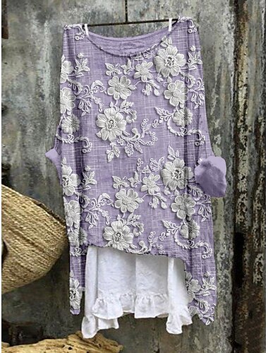  女性用 Tシャツ フラワー ファッション 近代の カジュアル 長袖 クルーネック レギュラートップス 日常 週末 ピンク パープル カーキ色 夏
