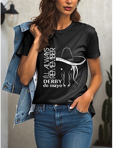  Γυναικείο Μπλουζάκι Kentucky Derby 100% Βαμβακερό Ζώο Γράμμα Καθημερινό Μικρό Μανίκι Στρογγυλή Λαιμόκοψη Κανονικά Τοπ Καθημερινή Εκτύπωση Μαύρο Καλοκαίρι