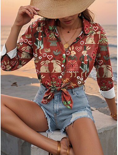  Pasqua Per donna Camicia Floreale Grafico Animale Casual Manica Lunga Colletto a Camicia Top Regolari Lavoro Quotidiano Bottoni Stampato Rosso Primavera Autunno