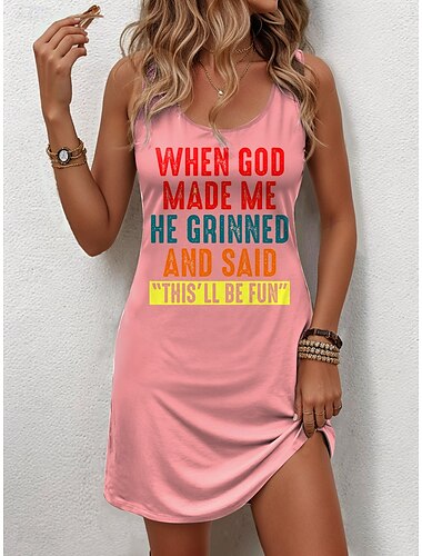  Damen God Minikleid A-Linien-Kleid Sommerkleid Schulterfreies Kleid Casual Party Alltag Urlaub Lockere Passform Grafik Buchstabe Ärmellos U-Ausschnitt Schwarz Weiß Rosa Blau Sommer