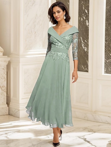  A-Lijn Trouwe Moeder Jurk Bruiloft Gast Elegante Hartvormige Enkel Lengte Chiffon 3/4 Lengte Mouw met Kant 2025 gratis op maat