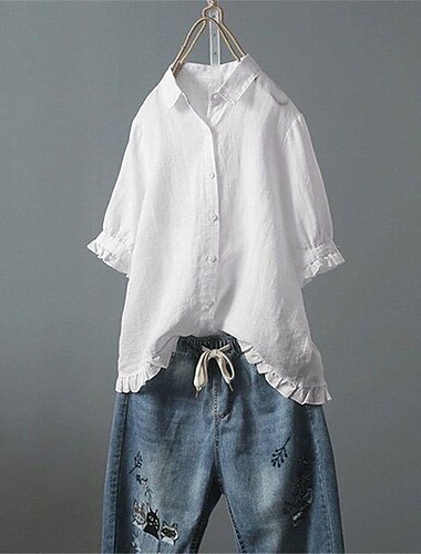  Damen Hemd Bluse Baumwoll-Leinen-Hemden Einfach Basic Modern Kurzarm Hemdkragen Normale Oberteile Täglich Ferien Ausgehen Knöpfe Weiß Gelb Rosa Marineblau Leicht Blau Sommer