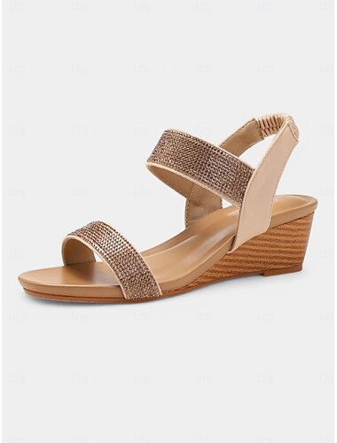 dames sandalen met strass-sleehak – bruine open teen comfortabele schoenen met elastische band voor zomerse, casual en chique gelegenheden