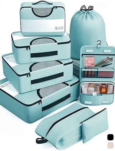  8er-Set Packwürfel für Reiseutensilien, Koffer-Organizer-Taschen-Set für Gepäck, Roadtrip-Reisezubehör in 4 Größen (extra groß, groß, mittel, klein), schwarz