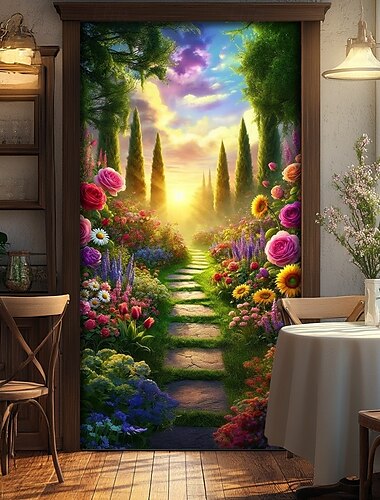  Floral Pathway Door Decorations Door Covers Door Tapestry Door Curtain Decoration Backdrop Indoor/Outdoor Door Banner for Front Door Farmhouse