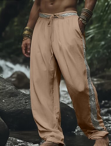  Herren Leinenhosen Hose Sommerhose Strandhose Patchwork Elastischer Bund Kordelzug Einfach Ethnisch Komfort Atmungsaktiv Volle Länge Outdoor Täglich Ferien Mode Retro Vintage Weiß Marineblau