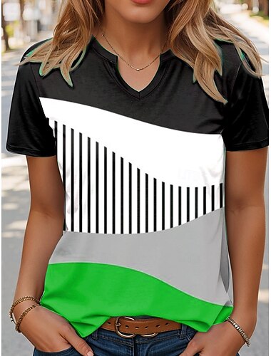  Women's T Shirt Graphic Geometric Striped Stylish Casual Short Sleeve Notched Neck Regular Tops Daily Weekend Print Red Blue Purple Green Summer Spring