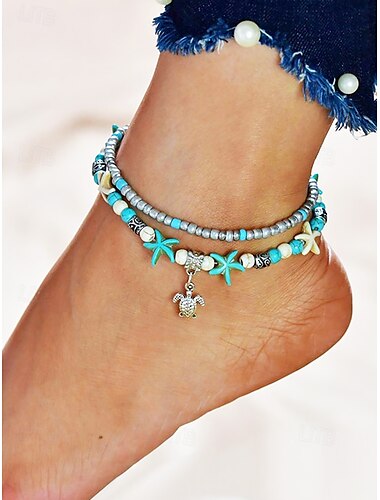  Boho Fußkettchen mit Seestern- und Schildkrötenanhänger – handgefertigtes, perlenbesetztes Fußkettchen, Strand-Surfer-Schmuck für Frauen und Mädchen, Fußaccessoire für den Sommerurlaub