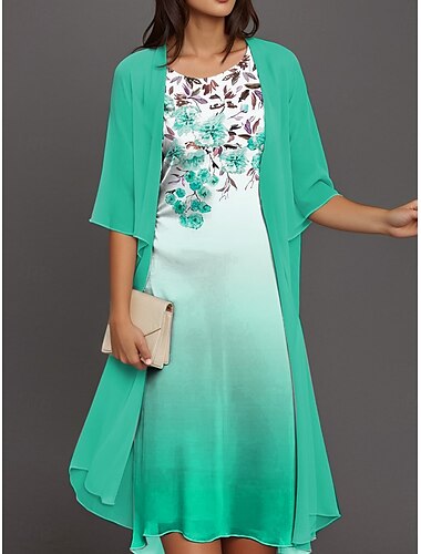  Damen Abschluss-Midikleid 2-teiliges Kleid Set A-Linie Kleid Cocktail Semi Formell Floral Grafik Druck Halbarm Rundhals Formal Hochzeitsgast Blau Lila Fuchsia Sommer Frühling Lockerer Sitz