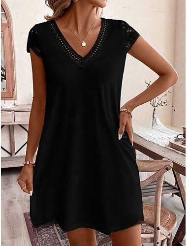  Damen Mini Kleid A-Linien Kleid T-Shirt Kleid Tee Kleid Lässig Outdoor täglich Urlaub reguläre Passform schlicht Kurzarm Rundhalsausschnitt Schwarz Weiß Khaki Sommer