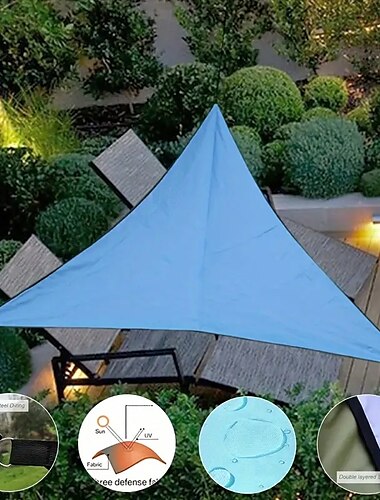  patio zonneschermen zeilen buiten kamperen zilveren driehoeken luifels schaduwhuisjes