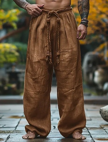 Herr Linne Byxor Långbyxor Sommarbyxor Säckiga byxor Snörning Elastisk midja Rakt ben Slät Komfort Andningsfunktion Fullängd Utomhus Yoga Gym Designer Retro / vintage 다크 카키