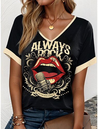  Musikfestival Damen T Shirt Graphic Mund Brautkleider schlicht Kurzarm V Ausschnitt Normale Oberteile Täglich Wochenende Urlaubskleidung Bedruckt Schwarz Khaki Sommer