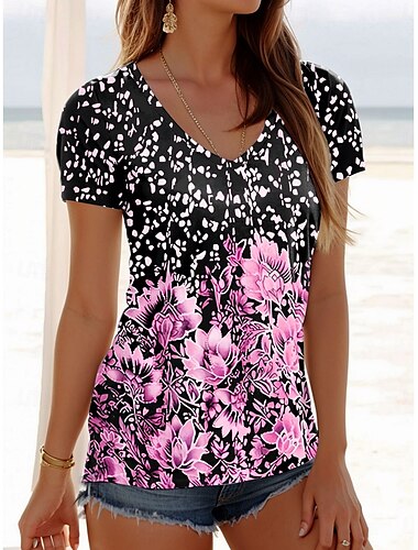  Damen T Shirt Blumen Grafik Lässig Kurzarm V Ausschnitt Normale Oberteile Täglich Druck Gelb Rosa Grün Sommer Frühling