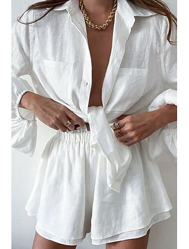  Dames Overhemd Katoenmengeling Linnen-geïnspireerde sets Lange mouw Overhemdkraag Effen Kleur Dubbele Rij Knopen Modieus Basic Feestdagen Casual / Dagelijks Wit Blozend Roze Zwembad Zomer Normale