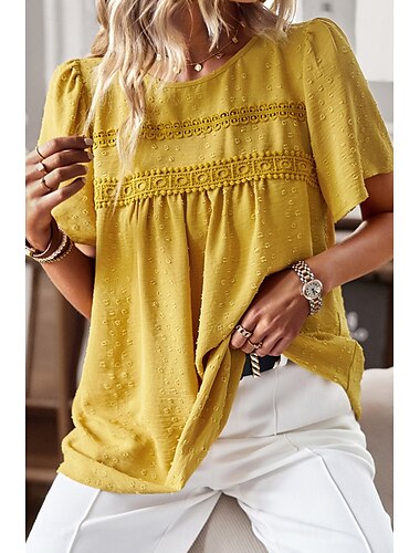  Mujer Camiseta Plano Casual Manga Corta Escote Redondo Tops regulares Diario Fin de semana Encaje Retazos Blanco Amarillo Verde Claro Rosa Verano