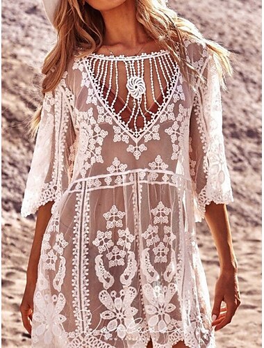  Ropa de Baño de Mujer Vestido de Baño Cubriente Traje de Baño Con Encaje Ropa de Playa para Vacaciones Color Sólido Cuello en V de Manga Larga Trajes de Baño
