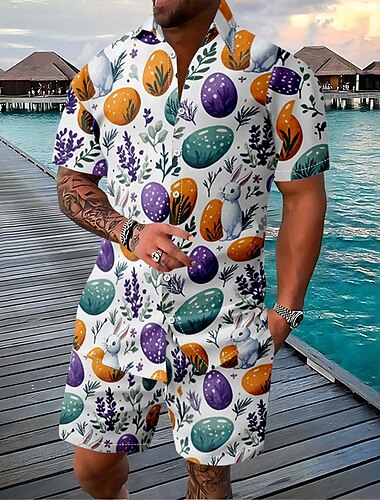 Ostern Herren Ostereier 2St Hemden-Sets Hemd Set Kurzarm Kurze Hosen Umlegekragen Lässig Outdoor Lässig Täglich 3D-Druck Sommer Rubinrot Gelb Weiß