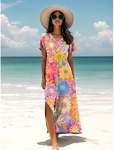  Damen Maxikleid Sommerkleid A Linie Kleid Urlaub Lässig Täglich Normale Passform Blumen Grafik Kurzarm V Ausschnitt Schwarz Rote Blau Frühling Herbst