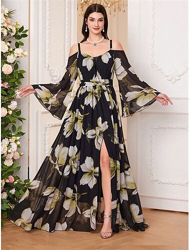  Kleid Brautmutter Kleid Elegantes Lässig V-Ausschnitt Bodenlänge Chiffon Langarm mit Schärpe  Band Falten Hochzeitsgast Kleid 2025