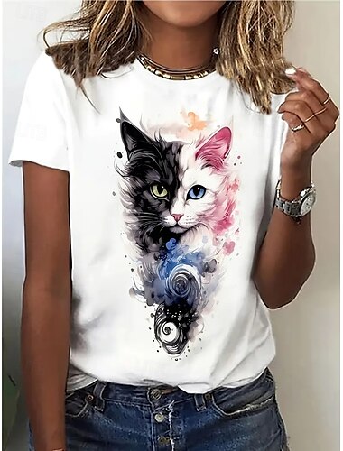  Damen T Shirt Sommeroberteile Tiermotiv Katze Klassisch Lässig Kurzarm Rundhalsausschnitt Crop Tops Täglich Wochenende Druck Weiß Sommer Frühling Herbst